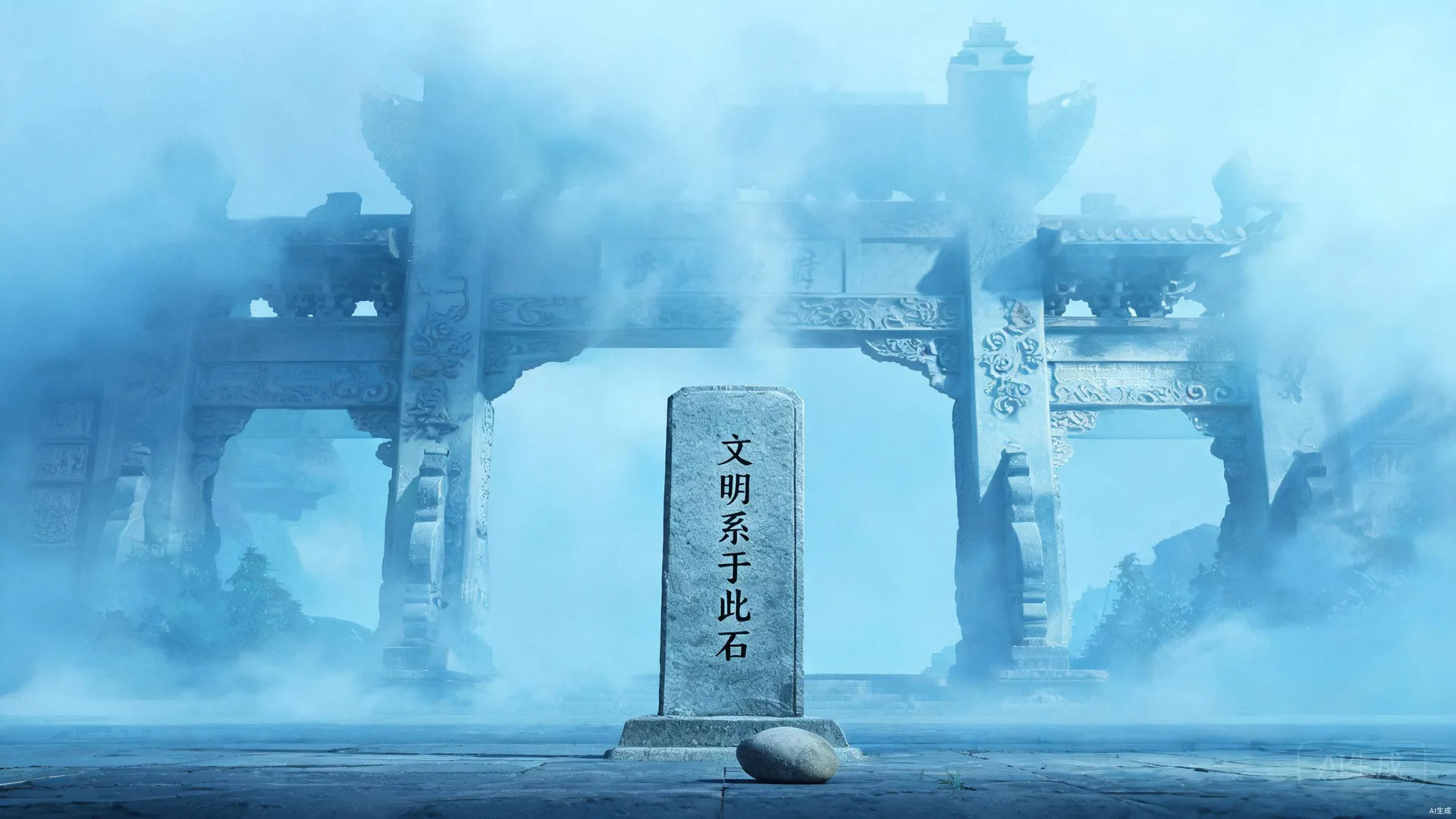 第一人称视角低头伸手捡石阶上的灰石头，旁有石碑刻着炼器阁