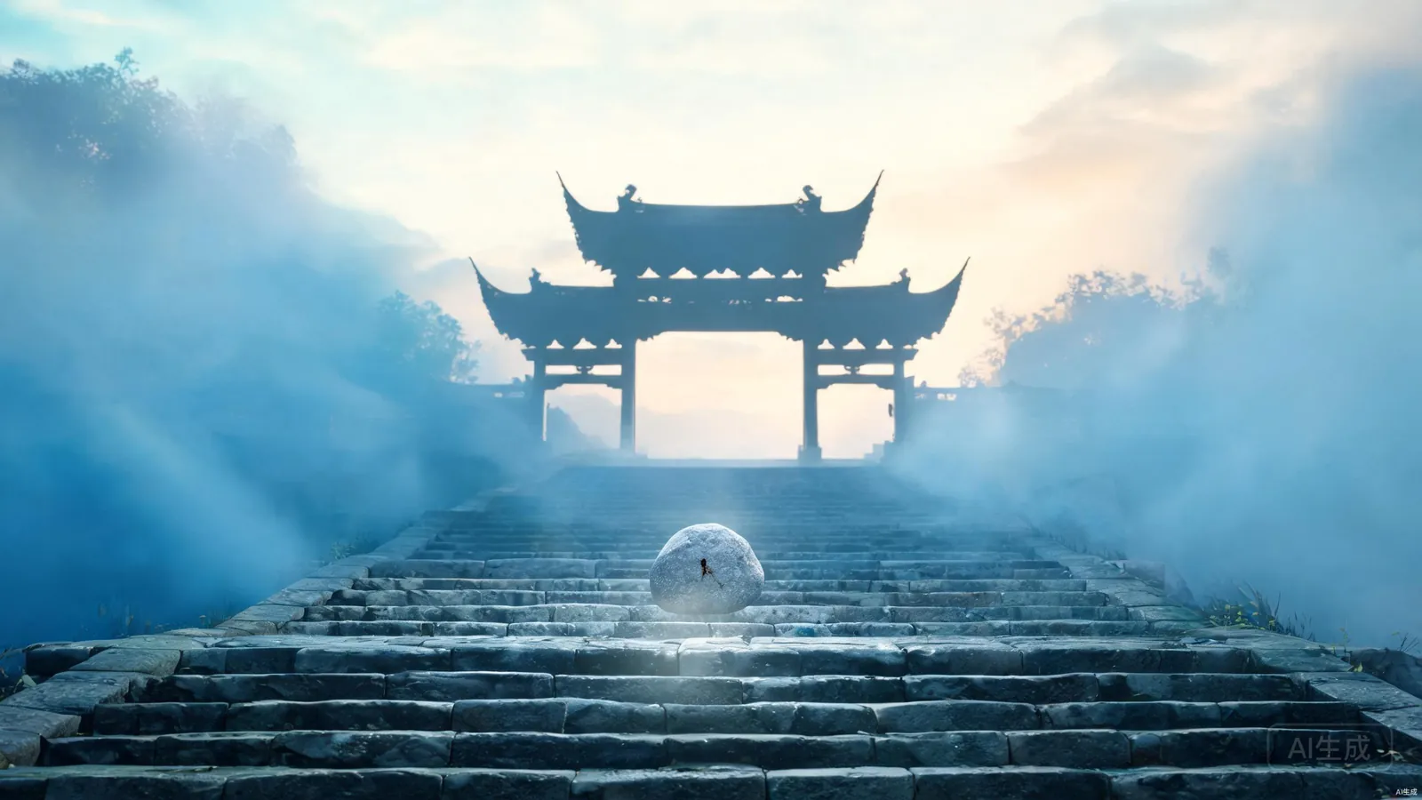 破晓晨光稀释残雾，山门石阶上那块灰石泛起薄光，石面留一道细焦痕