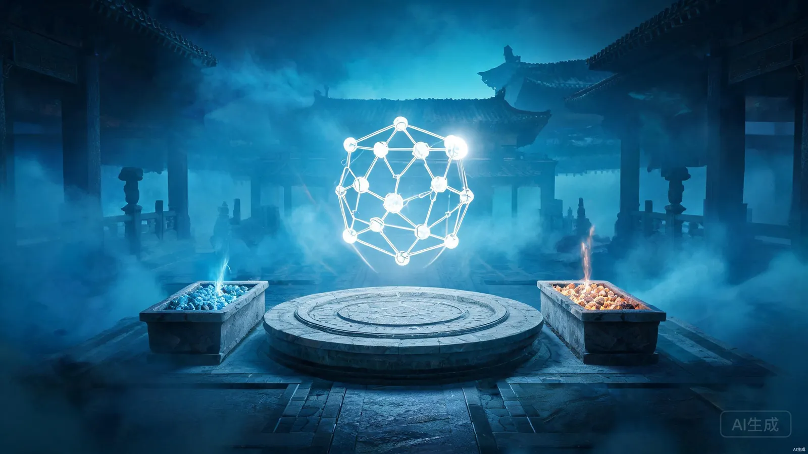 掺杂祭坛上晶格环缓缓旋转留一处空位，两侧石槽分别盛蓝光与橙光原矿