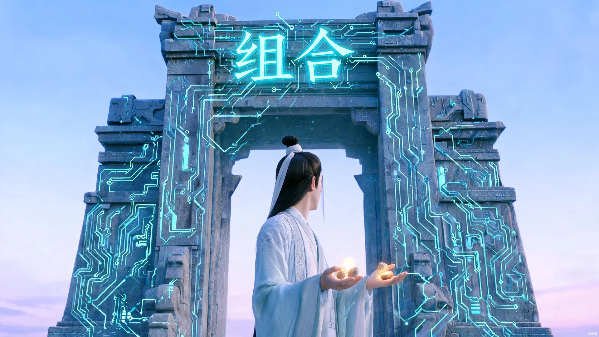 筑基试炼门楣上组合二字由蓝光勾出如未接通电路图，手中握着温热逻辑门石子