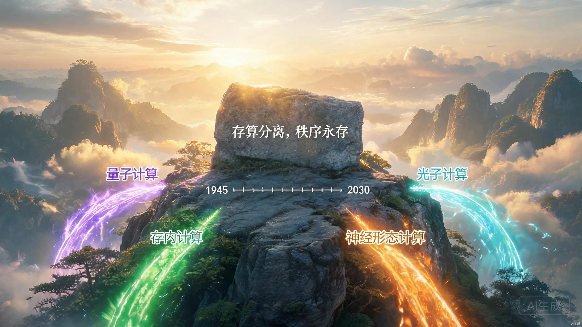 天机门山顶石碑刻着存算分离秩序永存，计算范式演进时间轴刻入岩石