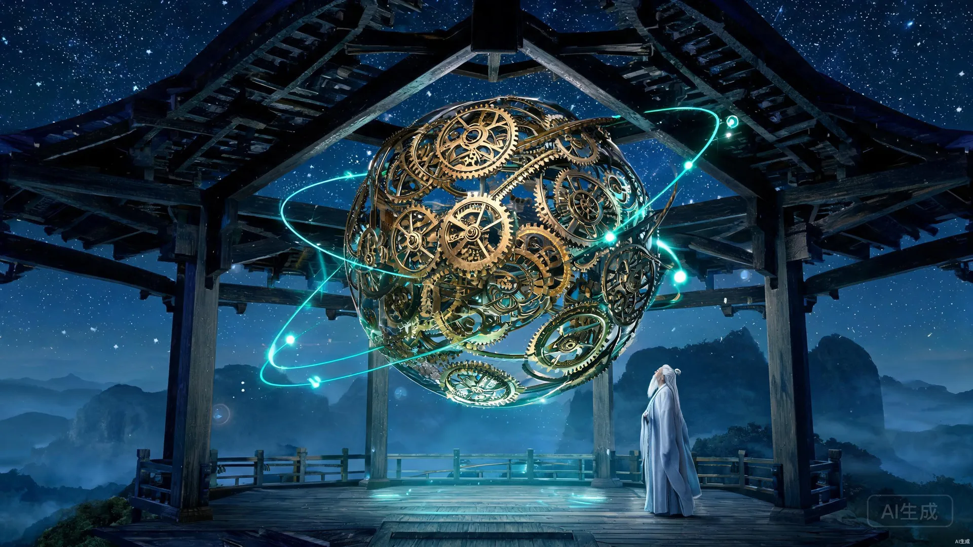 算天阁，阁顶悬着黄铜浑天仪，千百枚齿轮咬合缓缓转动